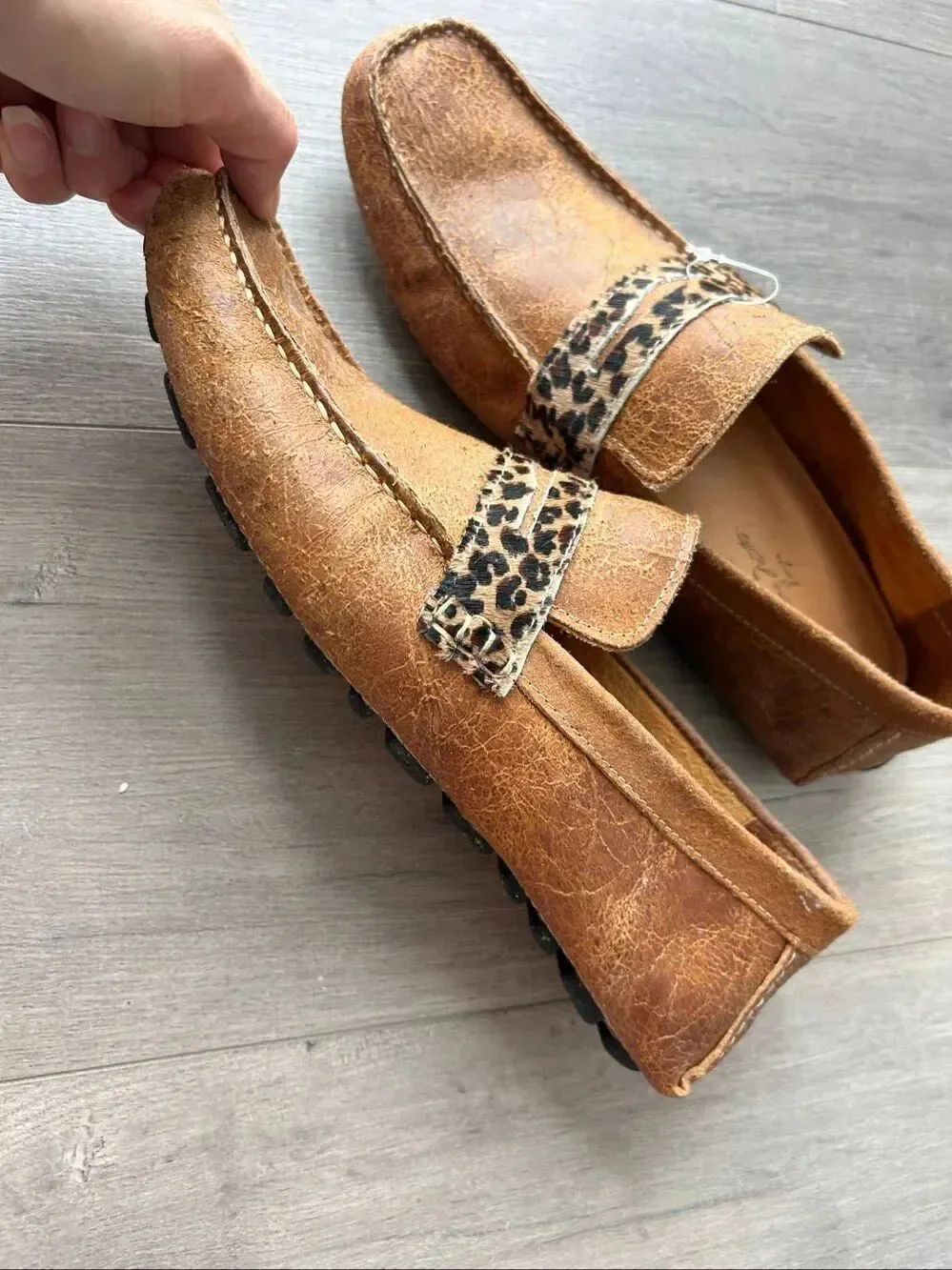 Men’s loafers rare size 10.5 with leopard print accent brown made in Brazil leat